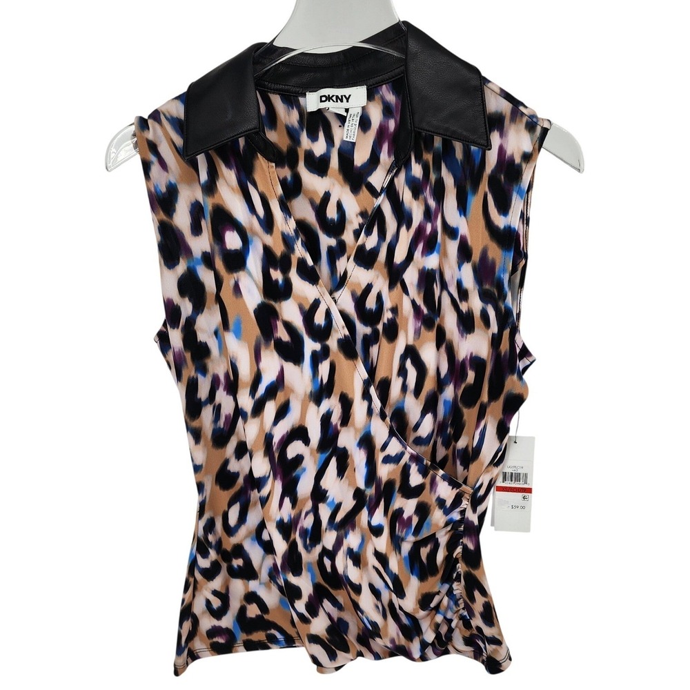 DKNY Sleeveless Wrap Top Womens XS Tan Blue Leopard Faux Leather Collar NEW